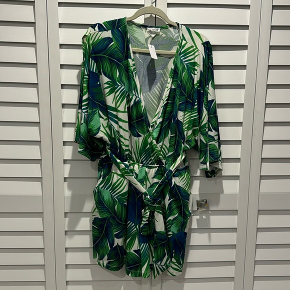 VENUS Pants - Venus Pre Loved Tropical Palm Trees Romper with Belt & Pockets, lined on bottom.